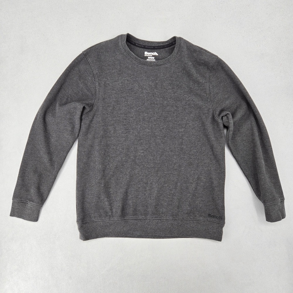 Bench Mens MEDIUM Charcoal Grey Waffle Knit Fleece Lined Crewneck Sweatshirt